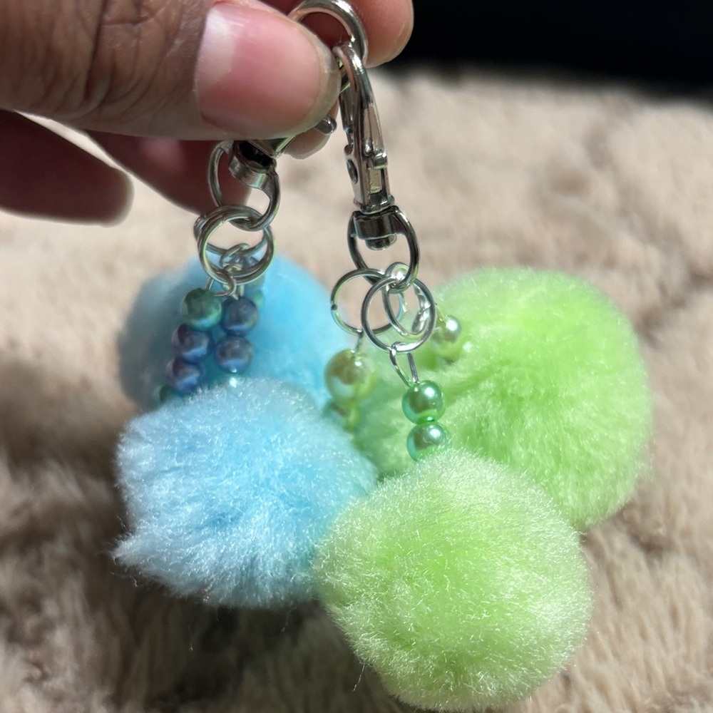 Fluffy Green and Blue Pom Pom Keychains - Picture 3 of 4